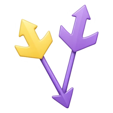 Two rounded arrows, one pointing up (yellow), one down (purple), soft 3D effect, pastel colors, Pixar style, hand-drawn texture, transparent background sticker