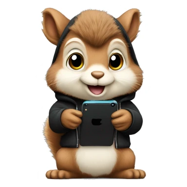 Cute realistic fluffy Squirrel with fluffy ears in black hoodie holding an iPhone  sticker