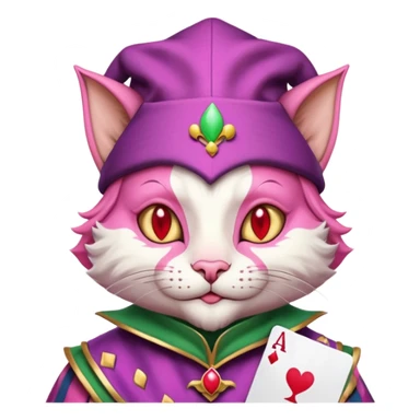 court jester cat medieval, single poker card joker clearly visible, pink, face only, court jester cap sticker