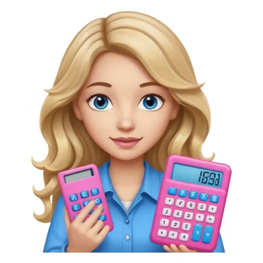 pretty female with long wavy brown hair with blonde highlights and blue eyes holding a pink calculator sticker