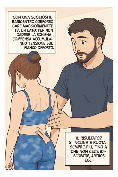 fai questa immagine in versione manga/webtoon a colori, il manga mostra la donna di spalle, mentre l'uomo le tocca la spina dorsale per spiegarle come funziona la scoliosi:
Con una scoliosi il baricentro corporeo cade maggiormente da un lato; per non cadere la schiena compensa accumulando tensione sul fianco opposto.
Il risultato? Si inclina e ruota sempre più, fino a che non cede (discopatie, artrosi, ecc) sticker