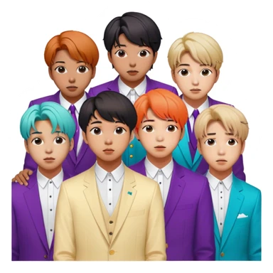 Cinematic Realistic group portrait of BTS featuring all 7 members in stylish modern attire, with detailed facial expressions and vibrant colors, captured in dynamic, contemporary lighting that emphasizes their global pop icon status sticker