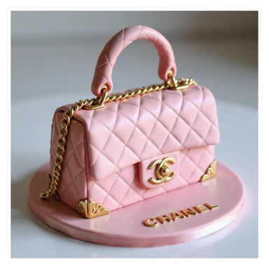 photorealistic pink Chanel handbag cake with gold accents, luxury birthday style, no background sticker