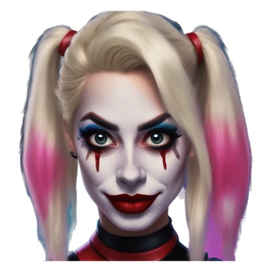 Synthwave Harley Quinn in Uncle Scrooge style, oil paint, mysterious eyes, intricate lips, masterpiece top portrait, beautiful, desirable, logical sticker
