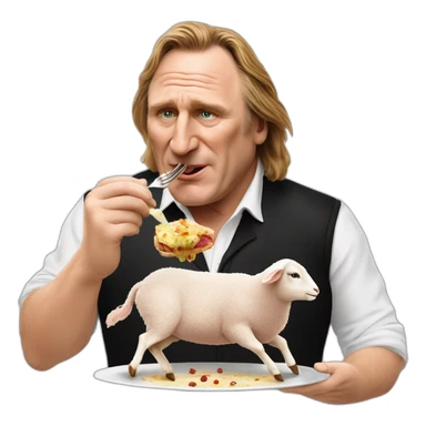Gérard Depardieu eating a lamb sticker