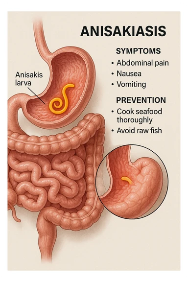 a cutaway view of the human digestive tract, showing an Anisakis larva attached to the stomach or intestinal wall. The parasite is highlighted in color, with surrounding tissue rendered in realistic detail. Educational labels describe symptoms and prevention. sticker