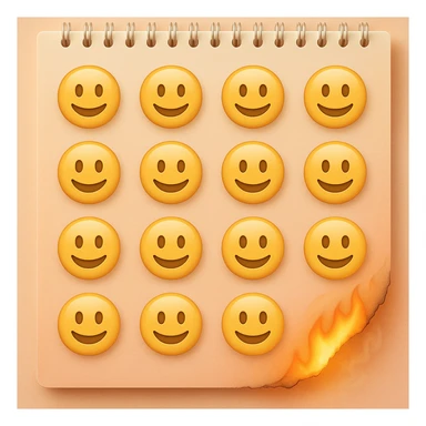 A detailed page from a wall calendar that starts burning from the bottom right corner. Use soft and pastel tones. Make the emoji image resemble the basic set of smileys like on the iPhone. sticker