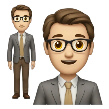 To belt Actively gesturing with hands Pale skinned fit man teacher with dark brown hair in gray jacket, beige office shirt, brown tie, brown pants and vintage glasses. sticker