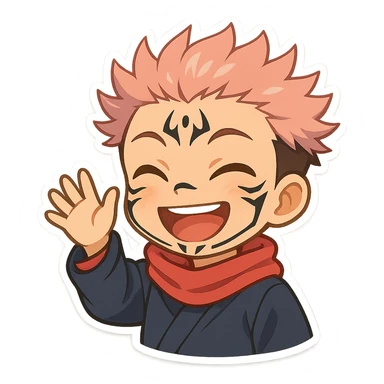 Sukuna in chibi style, waving hand, cheerful, anime-inspired, vibrant colors sticker