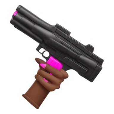 brown hand with pink nails holding large scary black nerf gun sticker