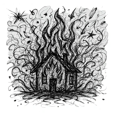 a house on fire, black color, chaotic doodle style sticker