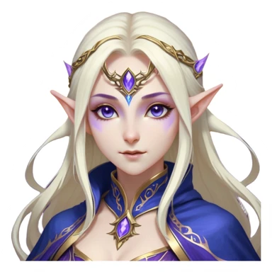 Cinematic Realistic WoW Elf Mage Portrait, head tilted epicly and inquisitively, showcasing a commanding presence and graceful arcane power. Her luminous, porcelain-like skin and delicate features, framed by an intricately detailed robe in deep blues and purples with golden accents, are rendered with lifelike clarity and dramatic, mystical lighting, high shine, epic and awe-inspiring, embodying the timeless magic of an elven mage poised to reshape destiny. sticker