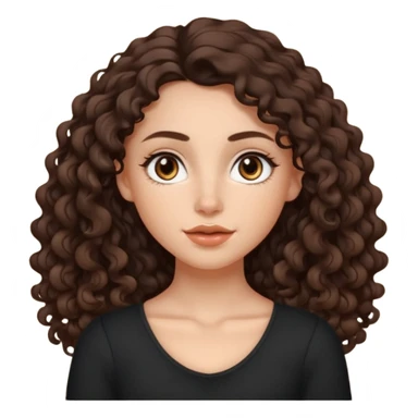 Aesthetic white girl with long curly hair color dark brown, hair most be in front of the shoulders (hair in front of the shoulders, less voluminous). Big almond shape eyes color brown, small wide nose, natural lips, sweet expression. Dressed with a cute tight top color black.  sticker