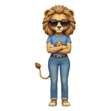 friendly anthropomorphised female lion character, full body, standing confidently with arms folded, wearing jeans, a t-shirt, and dark sunglasses sticker