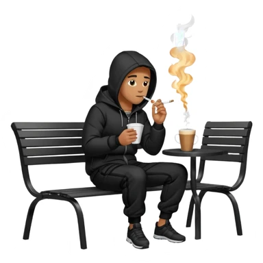 A man sitting on a chair, wearing a black puffed coat with hood and jogging pants, he is smoking a cigaret and drinks a coffee, he is freezing outsider, he is on a chair, the chair is an outside coffe terrasse black metal chair sticker