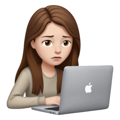 create a woman long hair brown, sitting with her macbook looking tired. looking at her computer, exausted  sticker