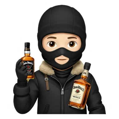 Junge mit Sturmhaube in der Rechten hand eine jacky flasche und schwarze winterjacke mit fell an der mütze 2 meter gross sticker