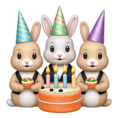 four bunnies together eating sushi at a birthday party, all four bunnies clearly visible, pastel colors, cute, birthday cake, streamers, party hats, festive, varied arrangement, emoji style sticker