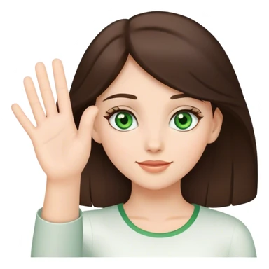 brunette girl with  with green eyes waving greeting with one hand sticker