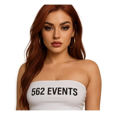 realistic baddie, red-haired, in a white tube top with '562 Events' text sticker