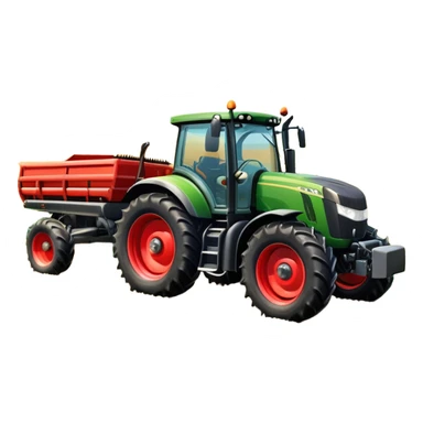 An icon representing a farming simulator, with a detailed tractor plowing fields under a bright sky with bright rural landscape. The design includes farming tools, crops and barns, symbolizing the immersive experience of managing a farm. Transparent background. sticker