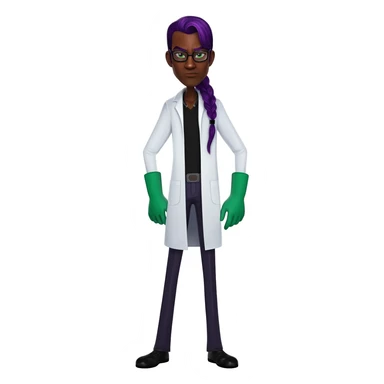 Mad evil scientist black male white cost green gloves glasses purple hair side bold on top very skinny very tall full sticker