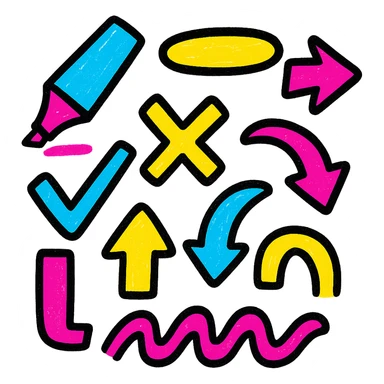 A set of emojis for highlighting text in posts, featuring various markers, arrows, and highlights, in the style of vibrant and colorful icons. sticker