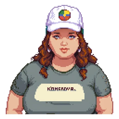 A plus-size woman with a cap that says "Komarova", make her even more plus-size. sticker