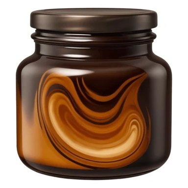 open jar or shallow tin containing thick, glossy dark brown to black paste with smooth slightly swirled surface, dense oily texture with subtle amber highlights, no spatula, no bubbles, no extras, just open container and visible soap, soft lighting, subtle shadows, emoji scale sticker