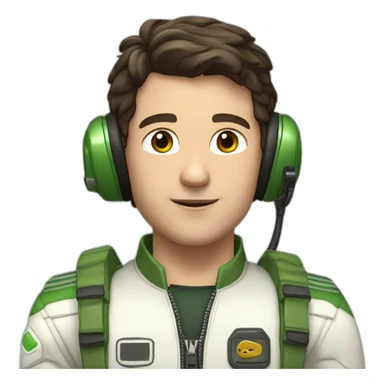 A young white male tennager with dark brown hair and brown eyes in a pilot suit and wearing a green Pilot headset sticker