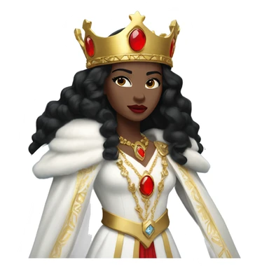 Queen with pale skin, icy blue eyes, bright red lips, long black hair, gold crown, and white robes. sticker