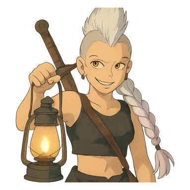A sword maiden, mohawk, long braid white hair with lavender tips, gold yellow eyes, black crop top, brandishing a lantern. Mischievous smirk sticker