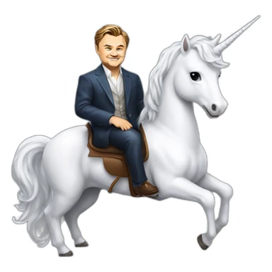 Leonardo DiCaprio smiling and sitting on a white unicorn as a rich billionaire sticker