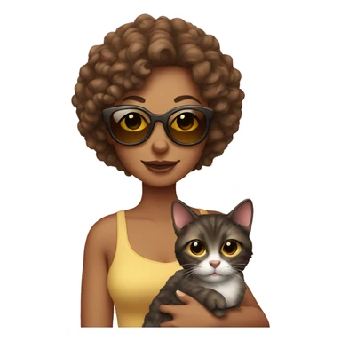 woman with a slight tan, curly hair and sunglasses holding a cat sticker