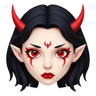 Head only: demon girl, 100% red skin, long black hair, small horns, sharp cheekbones, serious eyes, full lips, pointed ear; centered, no body, no text. sticker