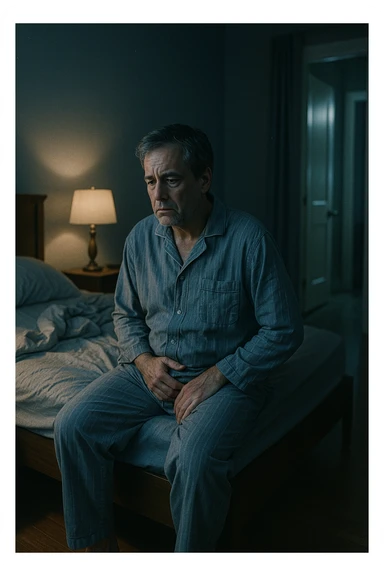 A nighttime scene inside a dimly lit bedroom. A man in his 50s sits stanco sul bordo del letto, con lo sguardo perso nel vuoto, mentre una luce fioca proviene dalla lampada sul comodino. Indossa un pigiama spiegazzato, e si tiene leggermente la zona bassa dell’addome. Dietro di lui, il letto è visibilmente disfatto, segno di sonno interrotto. Una porta socchiusa sullo sfondo mostra la luce accesa in bagno, con il pavimento riflettente che indica i numerosi passaggi notturni. Il tono è cupo ma realistico, con colori freddi, blu e grigi, e un leggero bagliore lunare che filtra dalla finestra. Stile: 35mm film, profondità emotiva, dettaglio ambientale. in italiano sticker