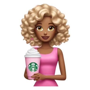 Barbie girl with curly hair holding Pink starbucks refresher sticker