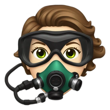 woman brown hair black diving mask with a single crystal, diving regulator in mouth, green eyes sticker