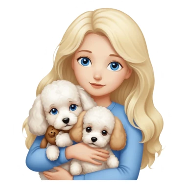 Blonde blue-eyed long-haired mother hugs two dogs, a Bichon Frise and a Teddy sticker