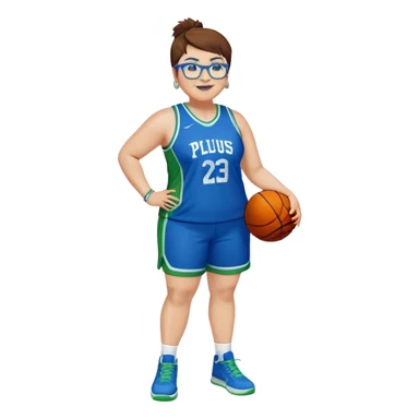 Full Body plus size white female basketball player with short medium brown hair with short spike hair wearing blue glasses 
With a small wide nose wearing blue green uniform  green sneakers smiling wearing silver hoop earrings sticker