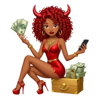 seductress evil brown curly haired sexy drug lord woman with clear glittery platform heels on her feet and devil red horns on her head, holding a stack of cash, has a phone in other hand sticker