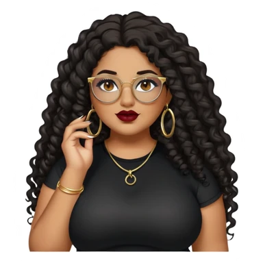 big plus size, latina, darker tan skin, gold hoops, long black curly hair, baddie,pretty, makeup, dark red lipgloss, black eyeliner, long hair, black top, black glasses sticker