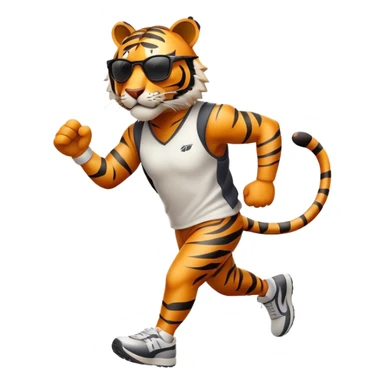 energetic anthropomorphised tiger in sports clothes, wearing dark sunglasses, walking upright, dynamic pose sticker