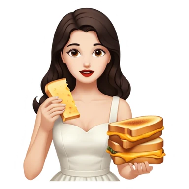 Beautiful woman in 1950’s woman fashion look, white dress, long dark brown hair, grilled cheese sandwiche sticker