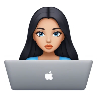 Glamours, tanned, very beautiful girl, with big pump peach lips, black straight smooth silky long hair, straight parting, blue-grey eyes with MacBook sticker