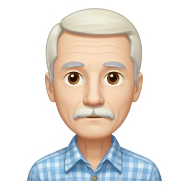 Skinny man in his 70s with fair skin. Long narrow face. Gentle light brown eyes. Fine straight white hair with light bangs, hair length extends below the ears. Thin eyebrows. White goatee connected to mustache. Slender appearance. Wearing a light blue and beige checkered button-up shirt. sticker