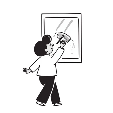 hand-drawn doodle of a window being cleaned, playful, with cleaning motion sticker