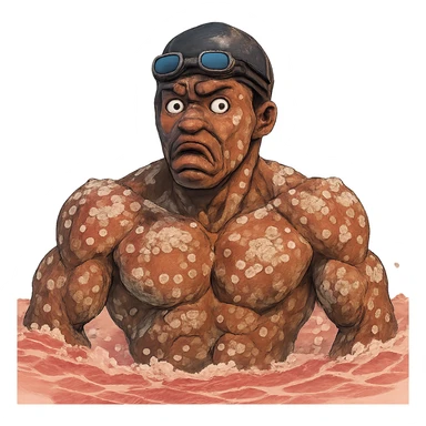 Африканский пловец в чуть рисованном объемном стиле, его тело в кристаллах и разводах соли, лицо недовольно удивленное, прозрачный фон, вода чуть розового цвета sticker