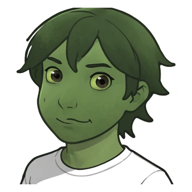 A boy with black hair brown eyes and white T-shirt white skined sticker