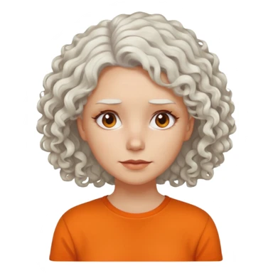 curly white  hair woman in orange shirt no smile sticker